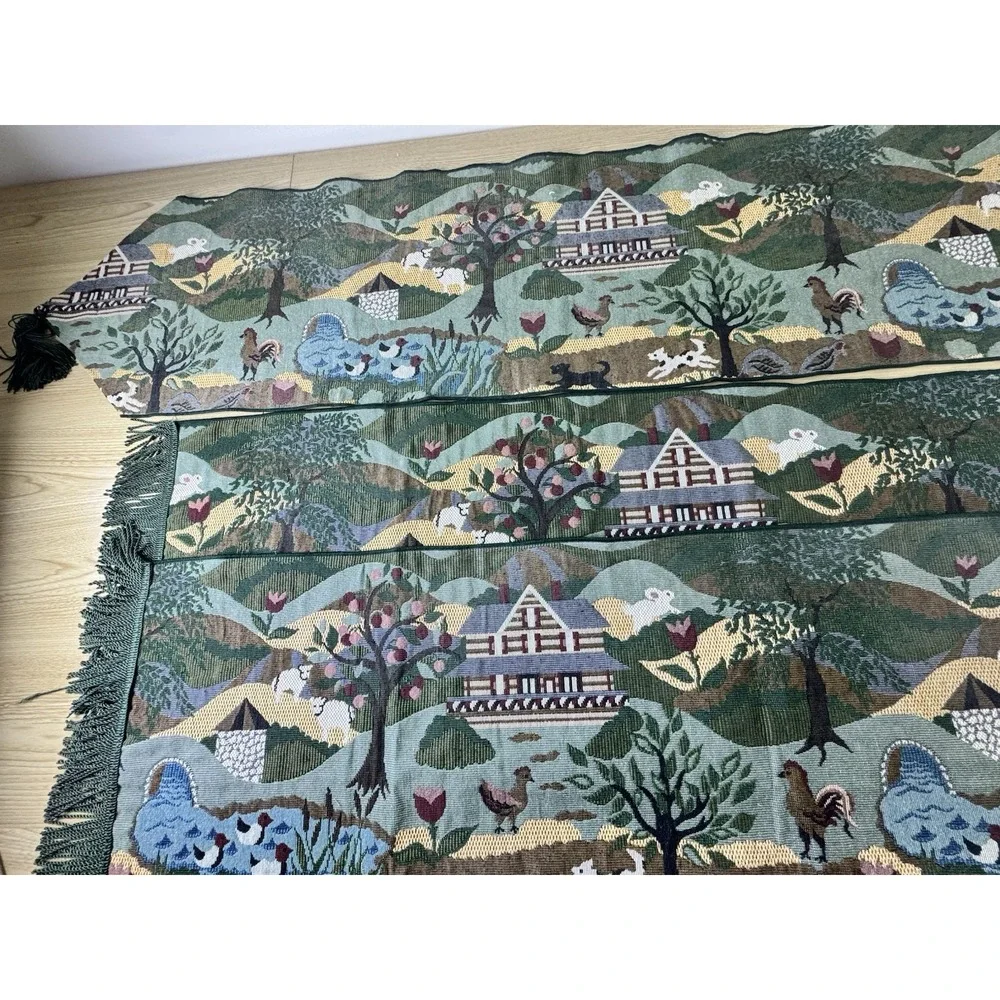 Green Tapestry Table Runner Fringed Tasseled Farm Life Animals Country 3 Pc